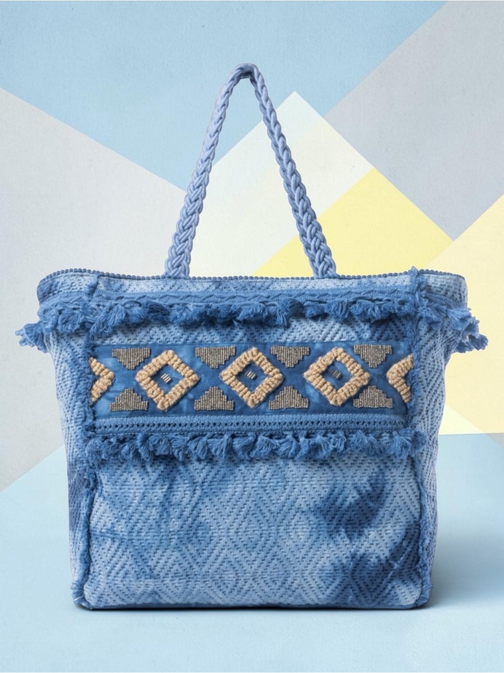 🆕 Myra Bag - Azure Tribal Tassel Tote Bag -  Woven Fringe - Diamond Accents